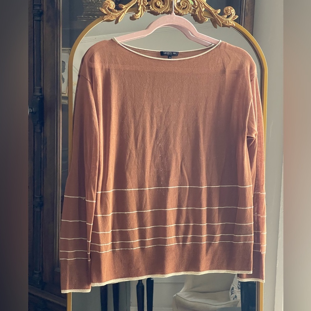 Lafayette 148 New York Tan Silk Blend Semi-Sheer Striped Lightweight Knit Top